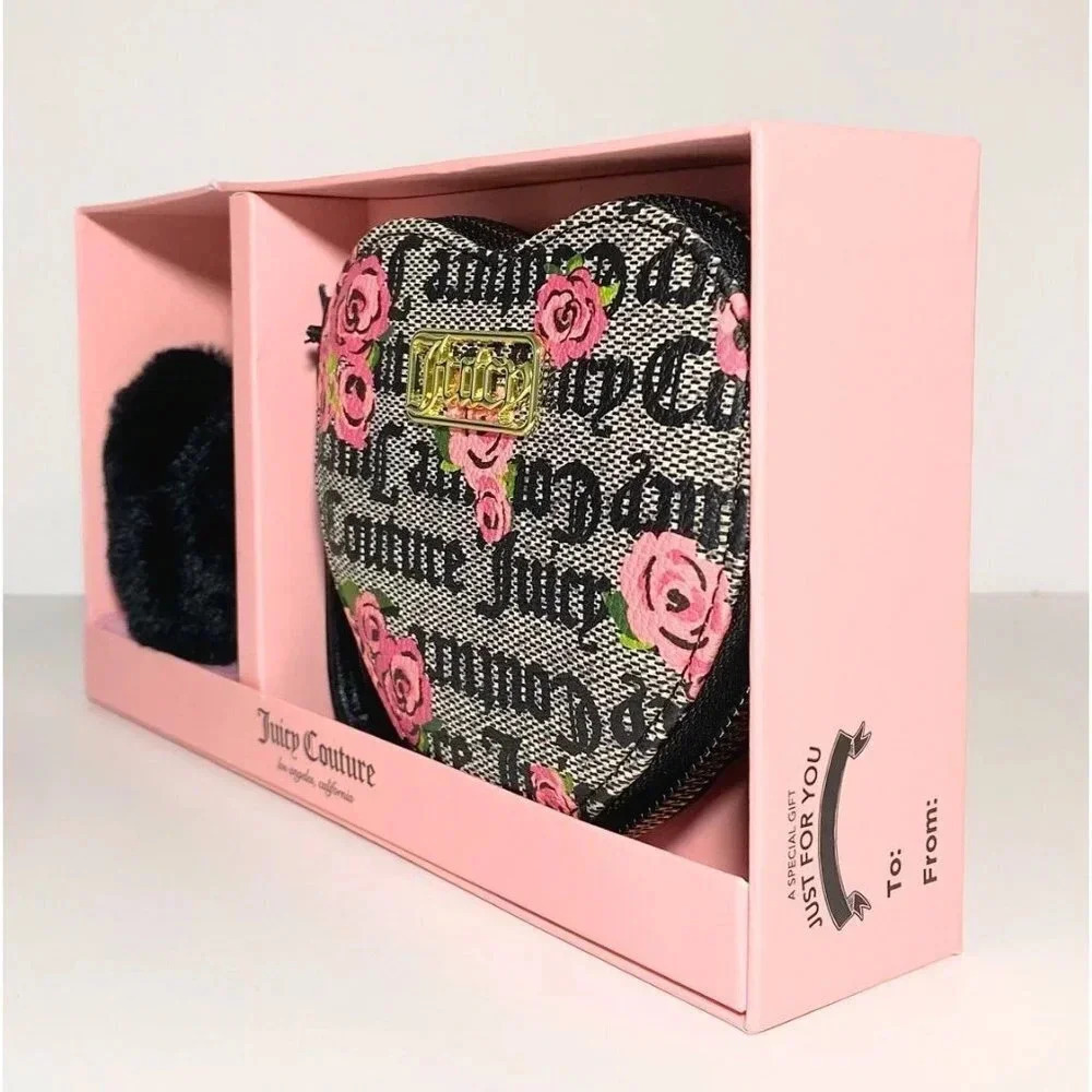 Juicy Couture Black Blossoms Heart Wristlet & Pom Pom Keychain Charm Gift Set - Picture 6 of 8